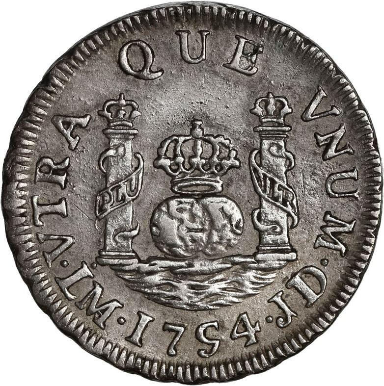 PERU Lima Silver Pillar 1 Real Ferdinand VI 1754 JD Dot over Mintmark Variety