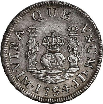 PERU Lima Silver Pillar 1 Real Ferdinand VI 1754 JD Dot over Mintmark Variety
