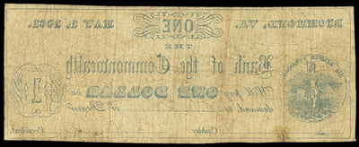 Richmond Virginia Bank of the Commonwealth $1 May 1, 1861 SIC SEMPER TYRANNIS