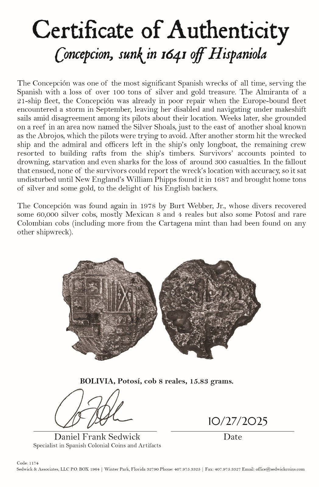 Concepcion Shipwreck (1641) BOLIVIA Potosí Silver Cob 8 Reales with COA 1174