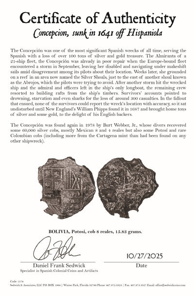 Concepcion Shipwreck (1641) BOLIVIA Potosí Silver Cob 8 Reales with COA 1174