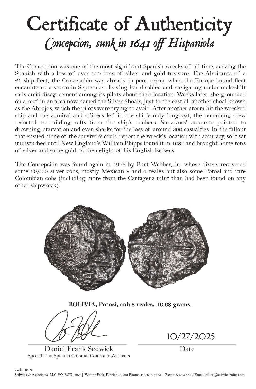 Concepcion Shipwreck (1641) MEXICO Mexico City Silver Cob 8 Reales with COA 1019