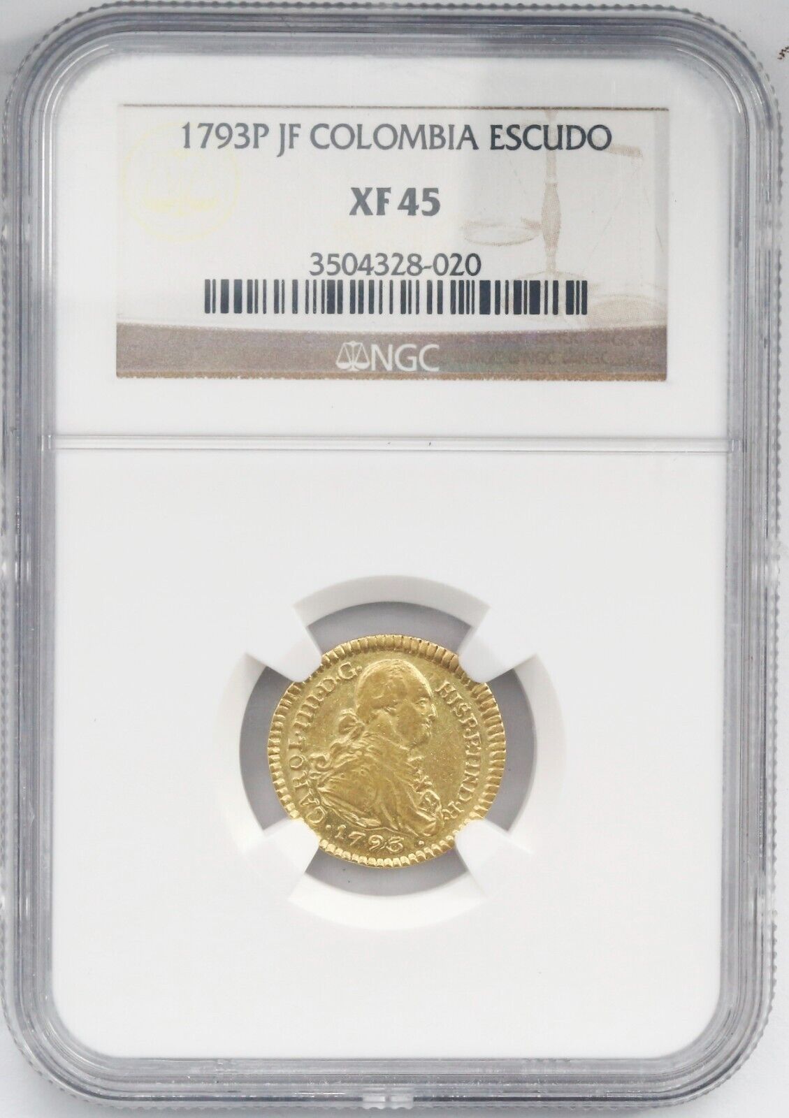 Popayan Colombia Gold Bust 1 Escudo Charles IV 1793 JF NGC XF 45 Finest Known