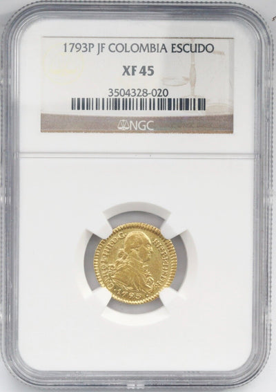 Popayan Colombia Gold Bust 1 Escudo Charles IV 1793 JF NGC XF 45 Finest Known