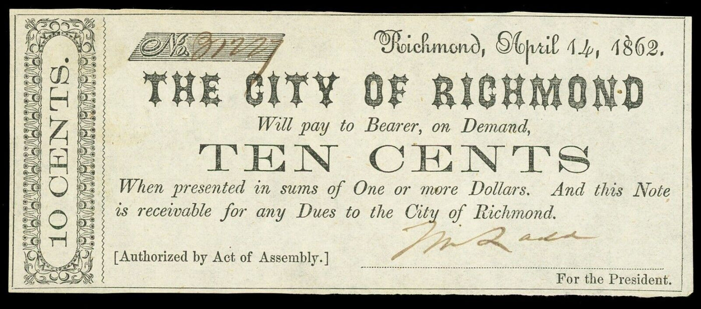 Richmond Virginia City of Richmond 10 Cents Apr. 14, 1862 UNC Civil War Note