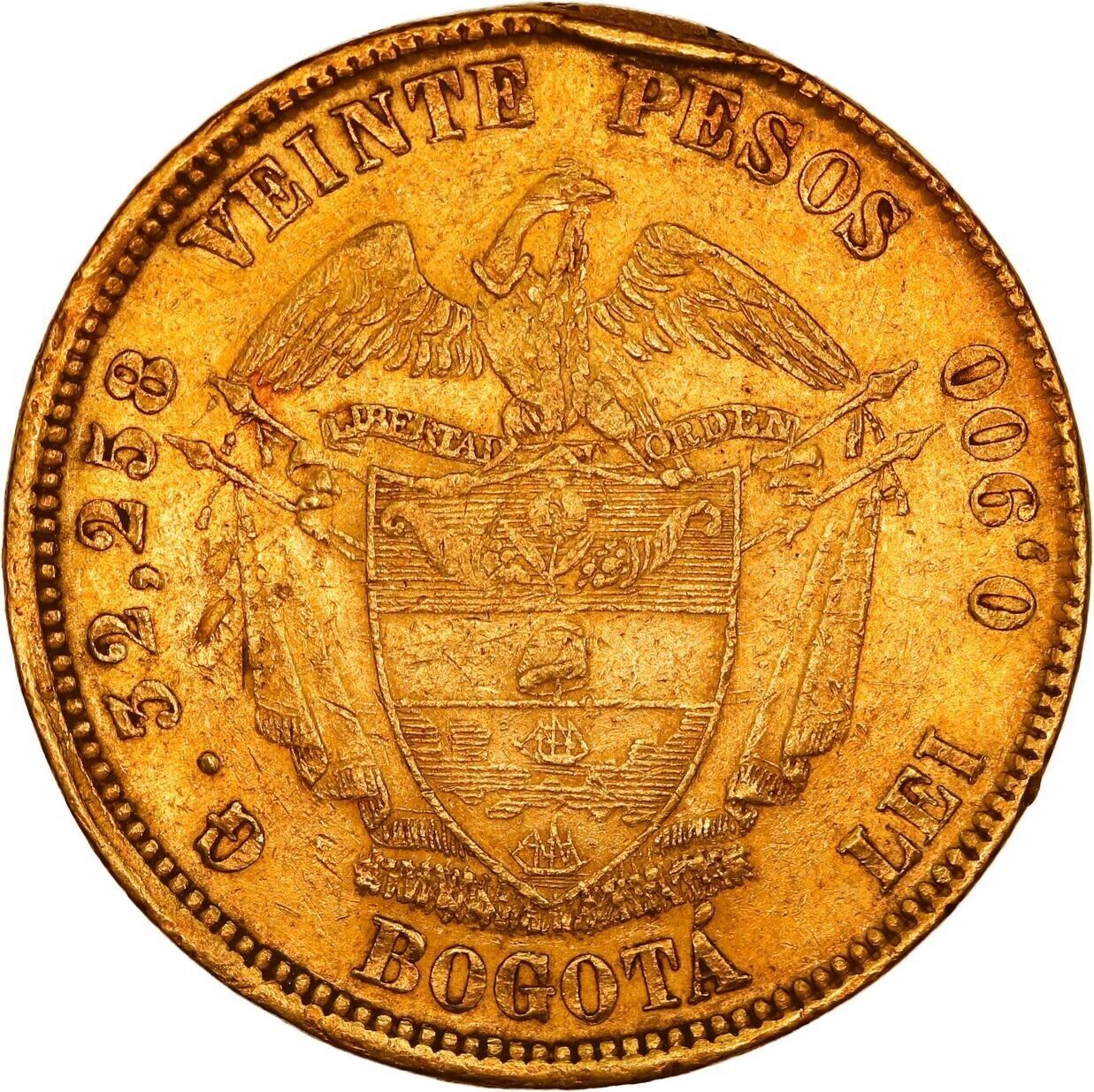 COLOMBIA, Bogotá, gold 20 pesos, 1874 Rare.