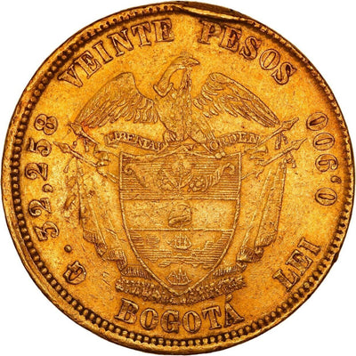 COLOMBIA, Bogotá, gold 20 pesos, 1874 Rare.