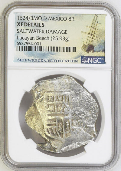 Mexico City Silver Cob 8 Reales 1624/3 D Lucayan Beach Shipwreck NGC XF w/ COA