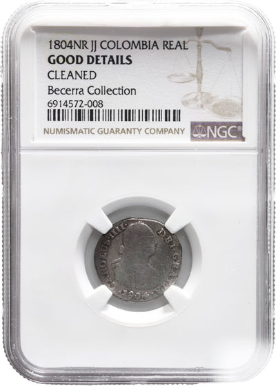 COLOMBIA, Bogotá, bust 1 real, Charles IV, 1804 JJ, NGC G details / cleaned