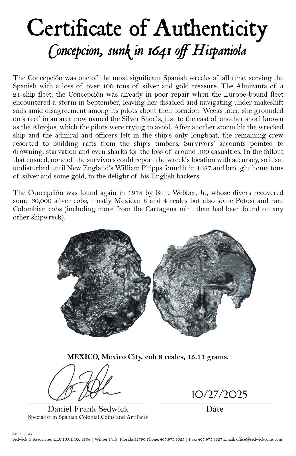 Concepcion Shipwreck (1641) MEXICO Mexico City Silver Cob 8 Reales with COA 1157