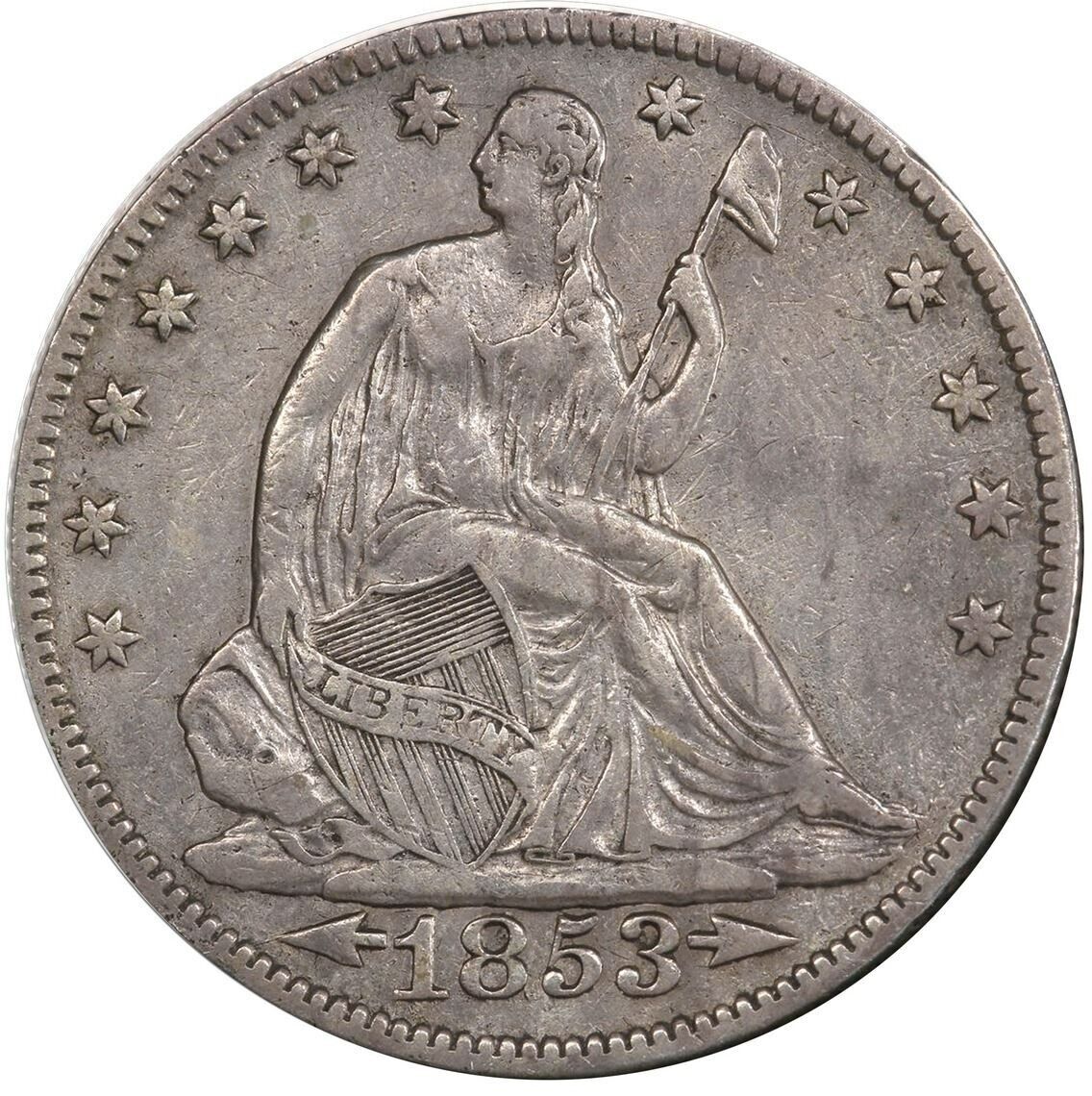 USA New Orleans Mint Silver Seated Liberty Half 1853-O Rays WB-21 PCGS VF Det.