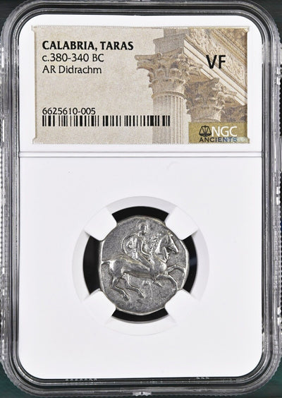 Ancient Greek Calabria Tarentum AR Didrachm 380-344 BC "Boy on Dolphin" NGC VF