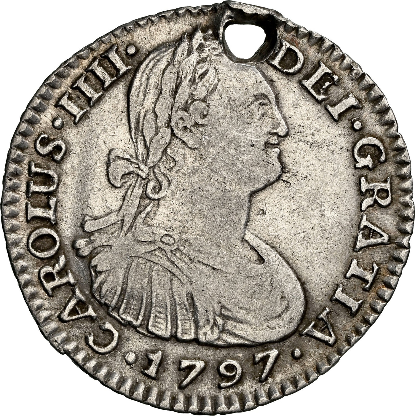 COLOMBIA, Bogotá, bust 1 real, Charles IV, 1797 JJ, NGC VF details / holed