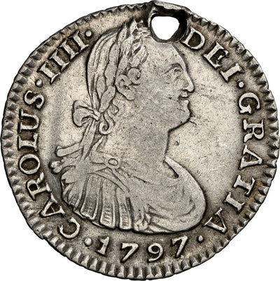 COLOMBIA, Bogotá, bust 1 real, Charles IV, 1797 JJ, NGC VF details / holed