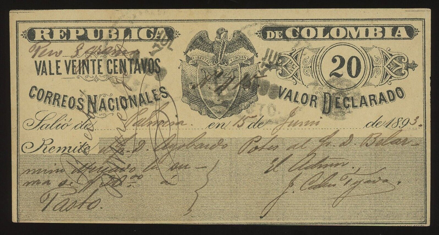 Pasto Colombia Correos Nacionales 20 Centavos 15-6-1893