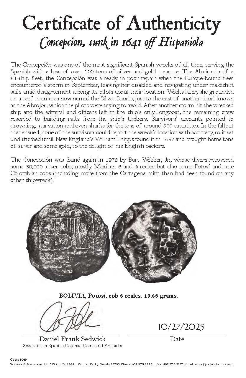 Concepcion Shipwreck (1641) BOLIVIA Potosí Silver Cob 8 Reales with COA 1049