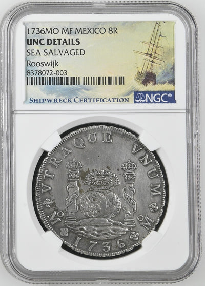 Rooswijk Shipwreck (1739) MEXICO Silver Pillar 8 Reales 1736 MF NGC UNC Details
