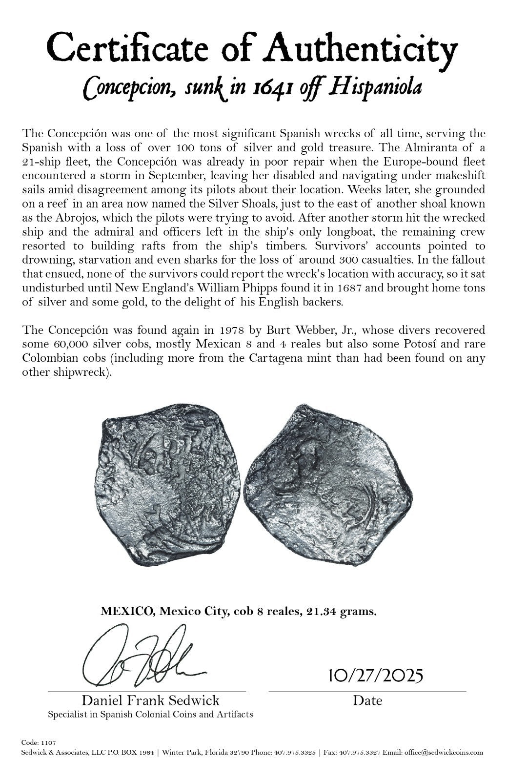 Concepcion Shipwreck (1641) MEXICO Mexico City Silver Cob 8 Reales with COA 1107