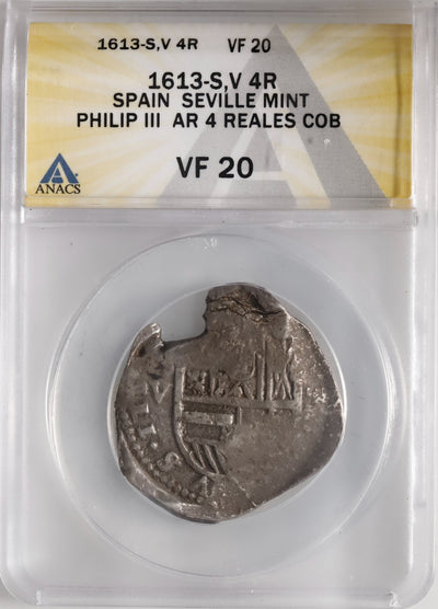 SPAIN, Seville, cob 4 reales, 1613 V, ANACS VF 20.