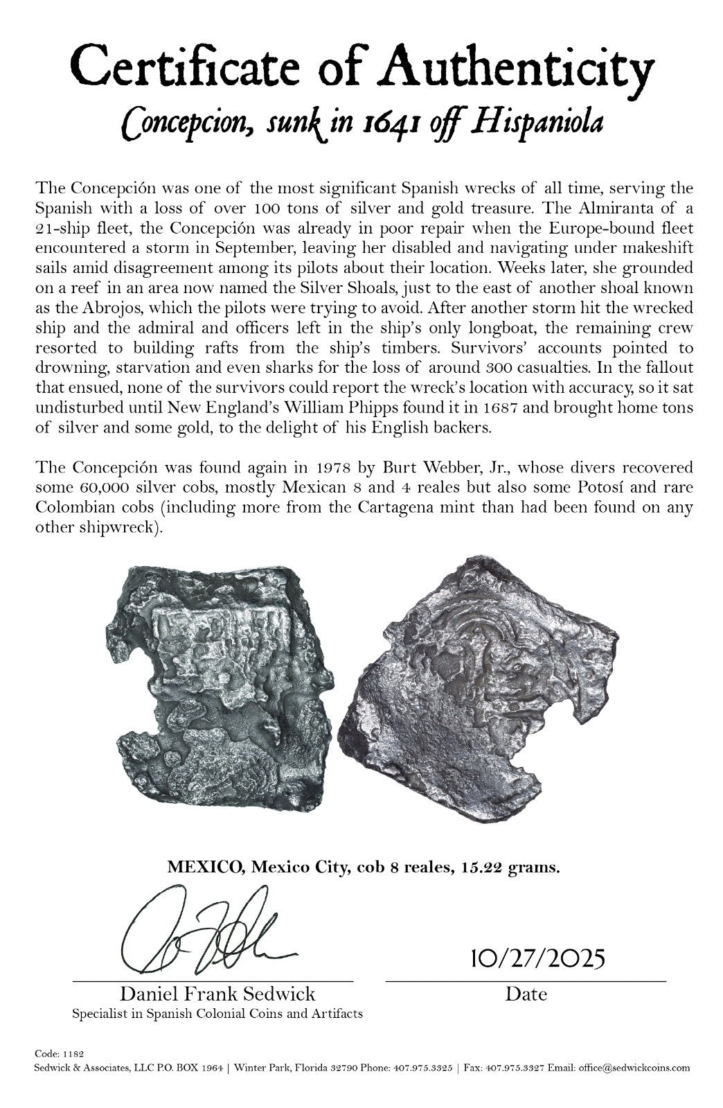 Concepcion Shipwreck (1641) MEXICO Mexico City Silver Cob 8 Reales with COA 1182