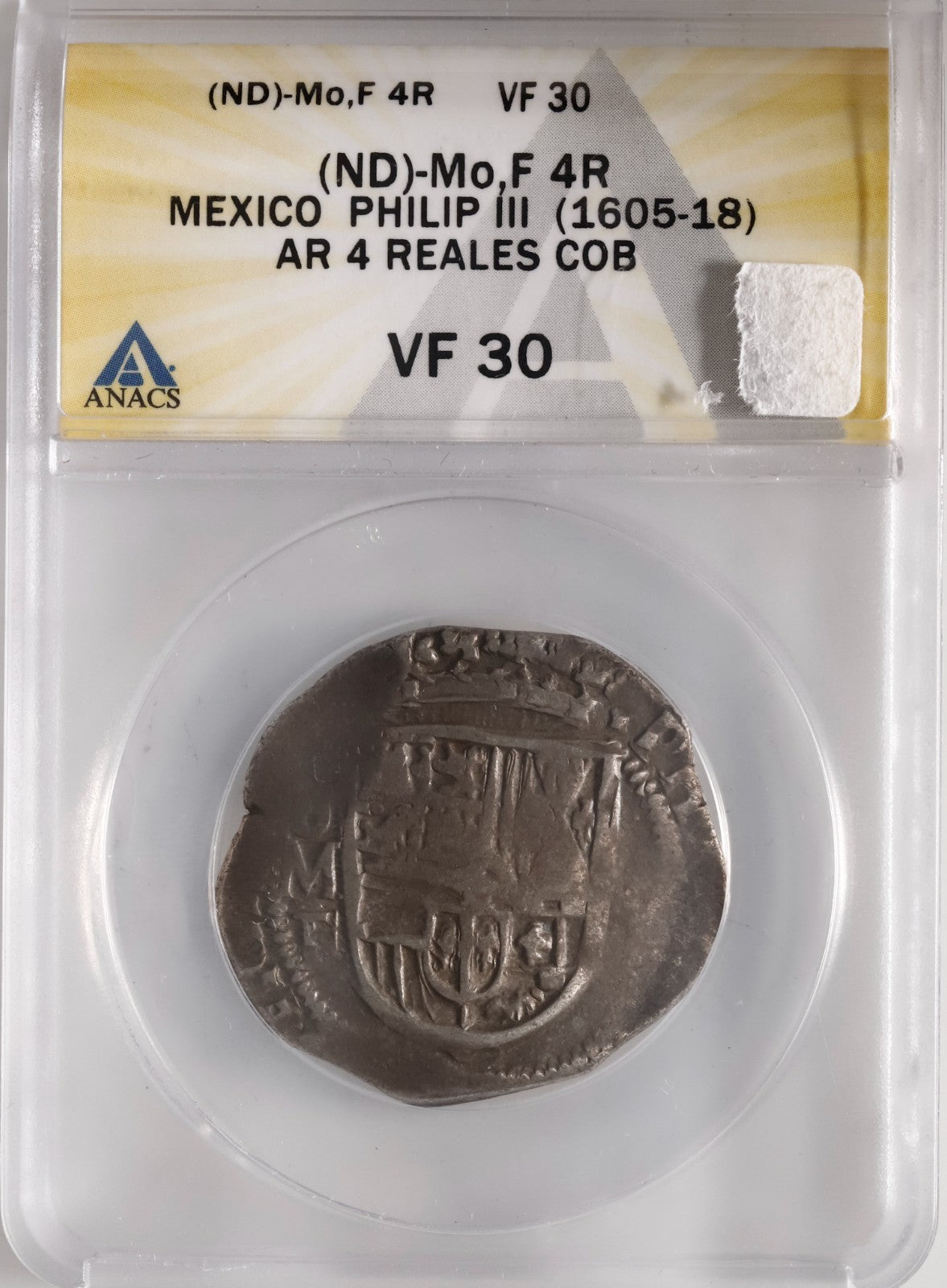 MEXICO, Mexico City, cob 4 reales, Philip III, assayer F, ANACS VF 30.