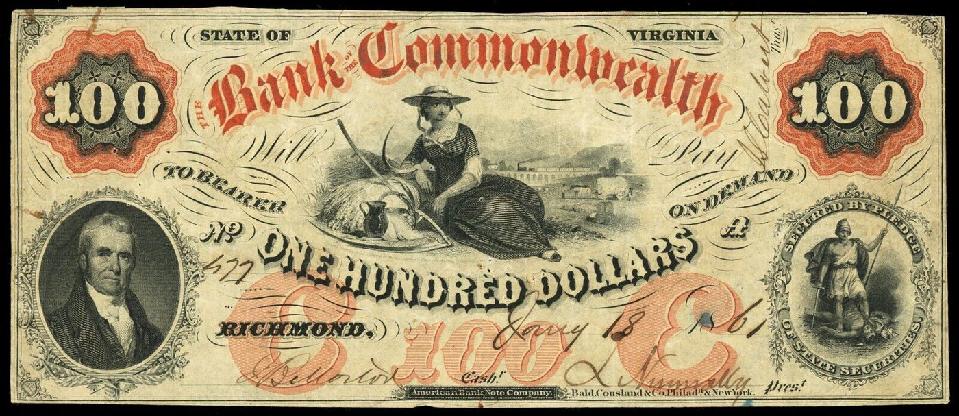 Richmond Virginia Bank of the Commonwealth $100 Jan. 18 1861 Haxby-VA170G10a