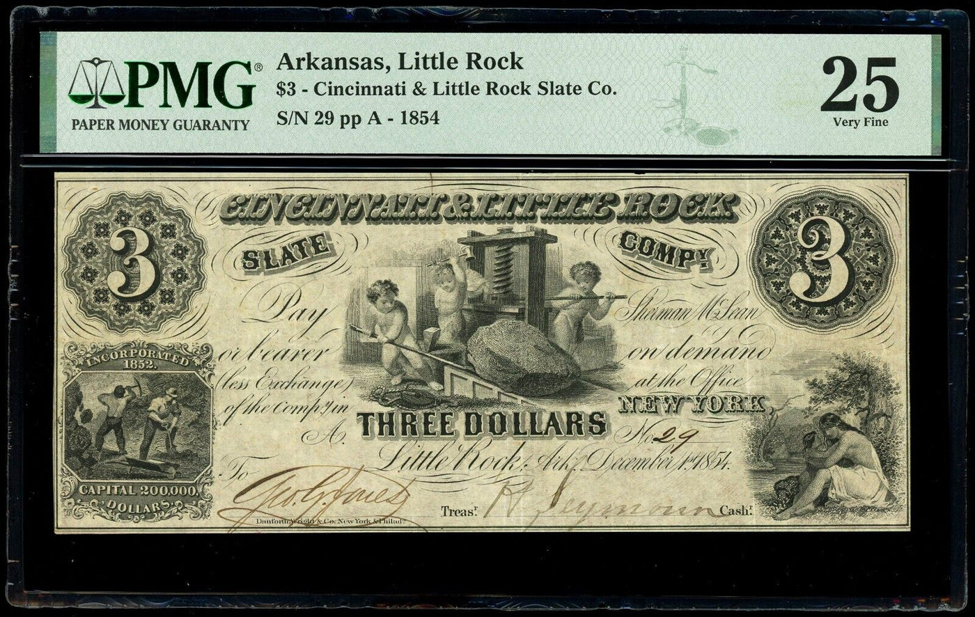 Little Rock Arkansas Cincinnati & Little Rock Slate Company $3 1854 PMG VF 25