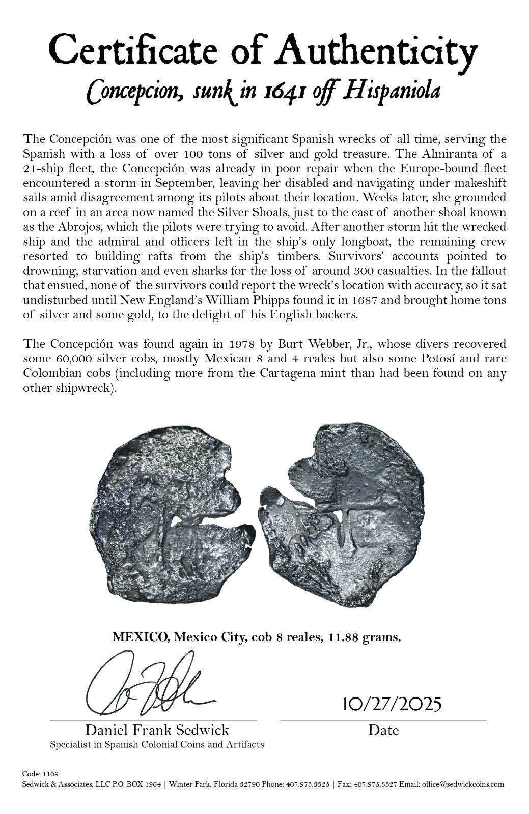 Concepcion Shipwreck (1641) MEXICO Mexico City Silver Cob 8 Reales with COA 1109