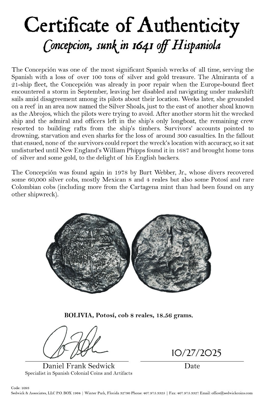 Concepcion Shipwreck (1641) BOLIVIA Potosí Silver Cob 8 Reales with COA 1093