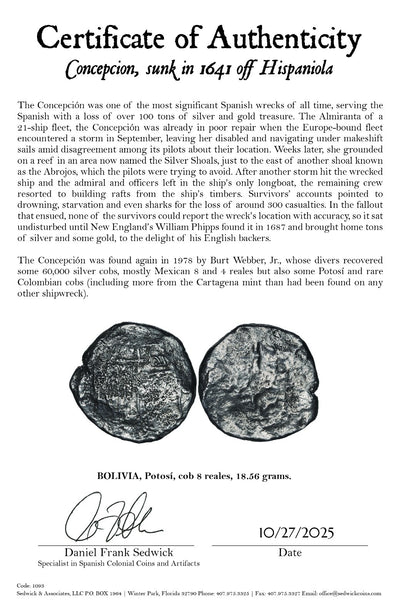 Concepcion Shipwreck (1641) BOLIVIA Potosí Silver Cob 8 Reales with COA 1093