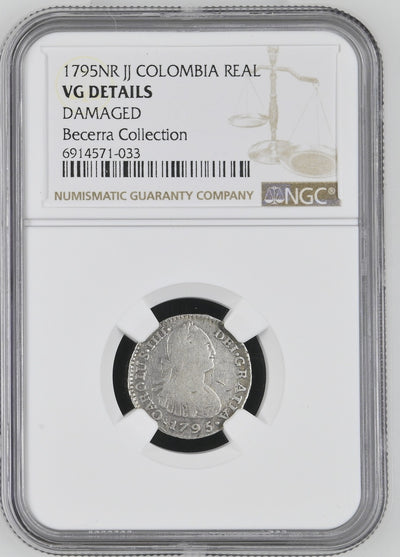 COLOMBIA, Bogotá, bust 1 real, Charles IV, 1795 J•J, no • in mintmark, NGC