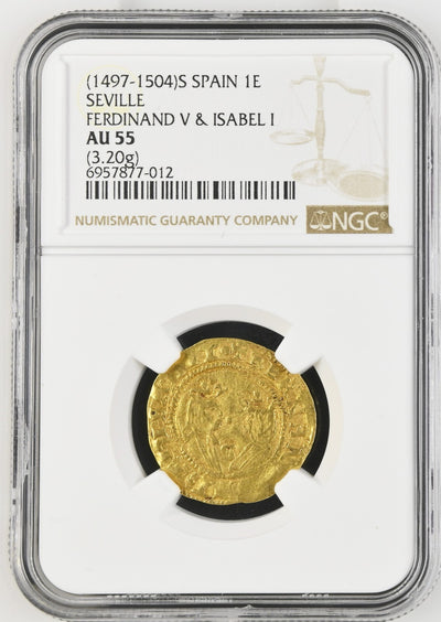 SPAIN Seville Gold Excelente Ferdinand-Isabel Dot between Busts NGC AU 55
