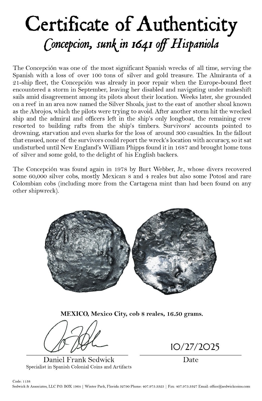 Concepcion Shipwreck (1641) MEXICO Mexico City Silver Cob 8 Reales with COA 1138