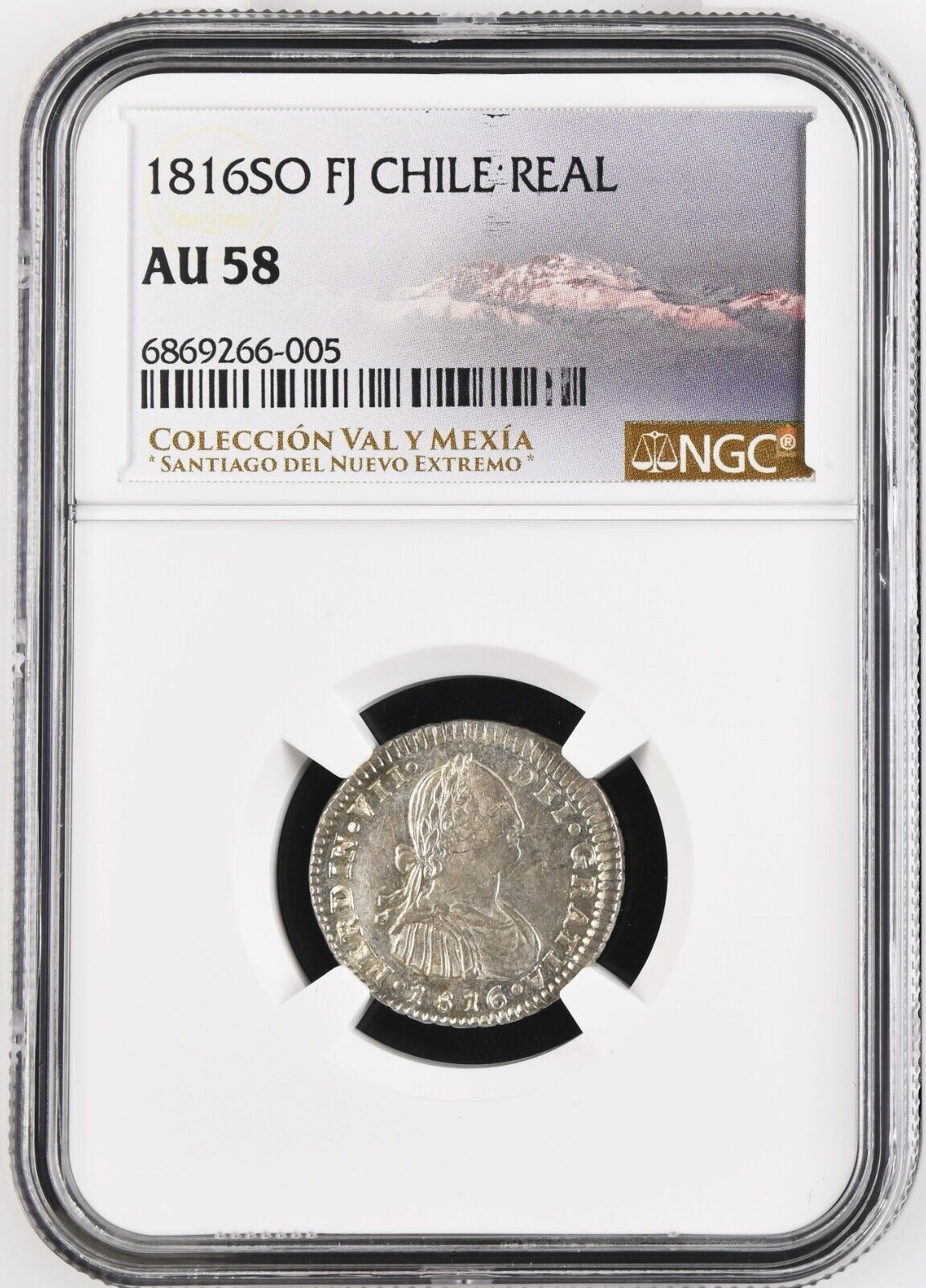 CHILE Santiago Silver Bust 1 Real Ferdinand VII 1816 FJ NGC AU 58 Val y Mexia