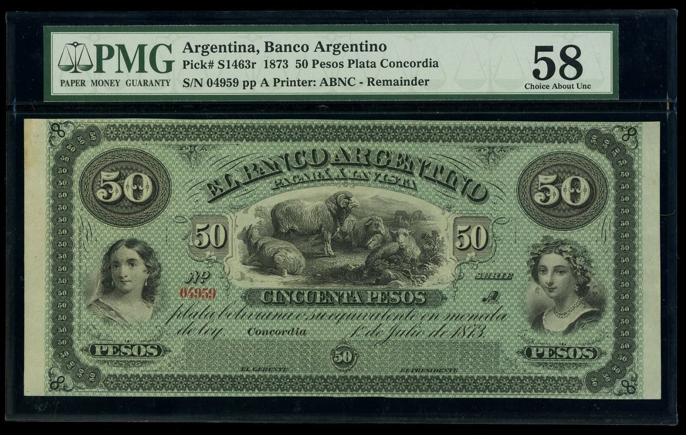 ARGENTINA Concordia Banco Argentino 50 Pesos Plata 1-7-1873 PMG AU 58 Pick-S1463