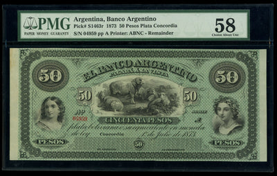 ARGENTINA Concordia Banco Argentino 50 Pesos Plata 1-7-1873 PMG AU 58 Pick-S1463