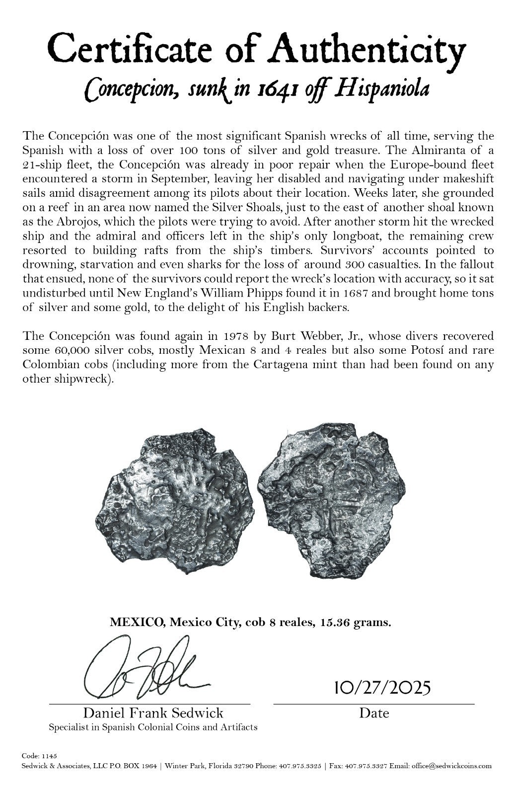 Concepcion Shipwreck (1641) MEXICO Mexico City Silver Cob 8 Reales with COA 1145