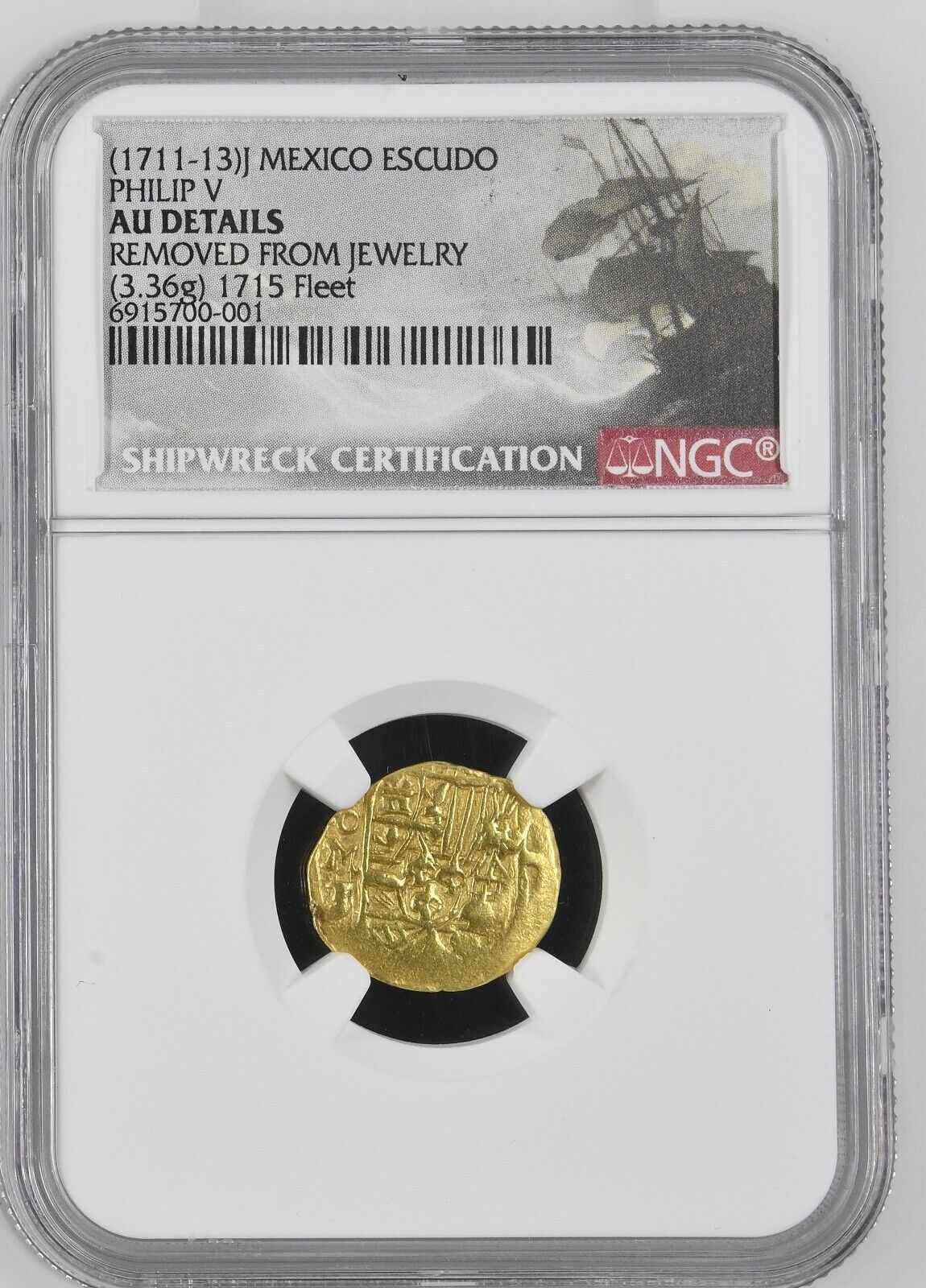 MEXICO gold cob 1 escudo (1712) J mintmark oM NGC (1715 Fleet Shipwreck Label)