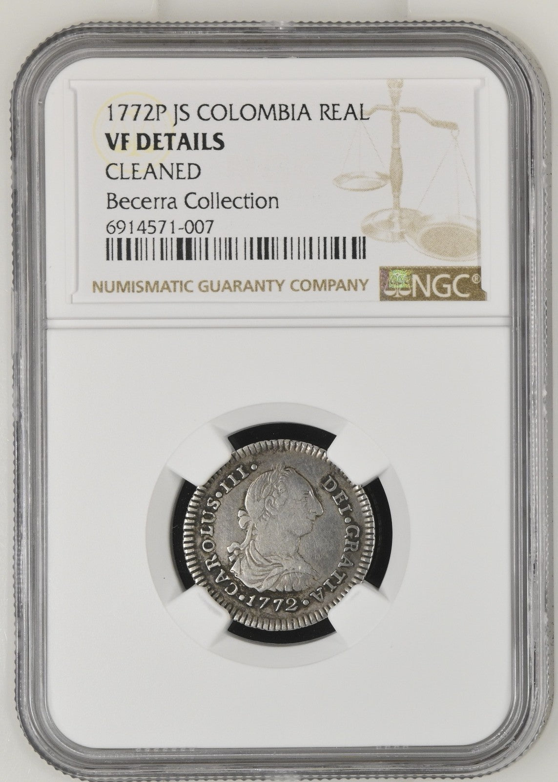 COLOMBIA, Popayán, bust 1 real, Charles III, 1772 J•S, NGC VF details / cleaned