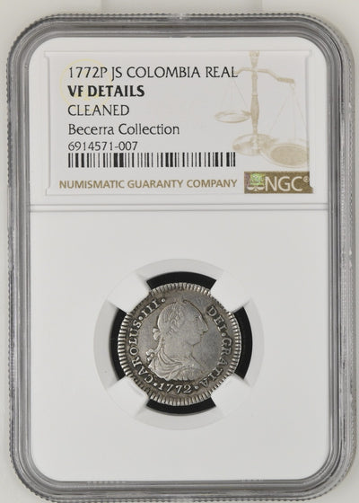 COLOMBIA, Popayán, bust 1 real, Charles III, 1772 J•S, NGC VF details / cleaned