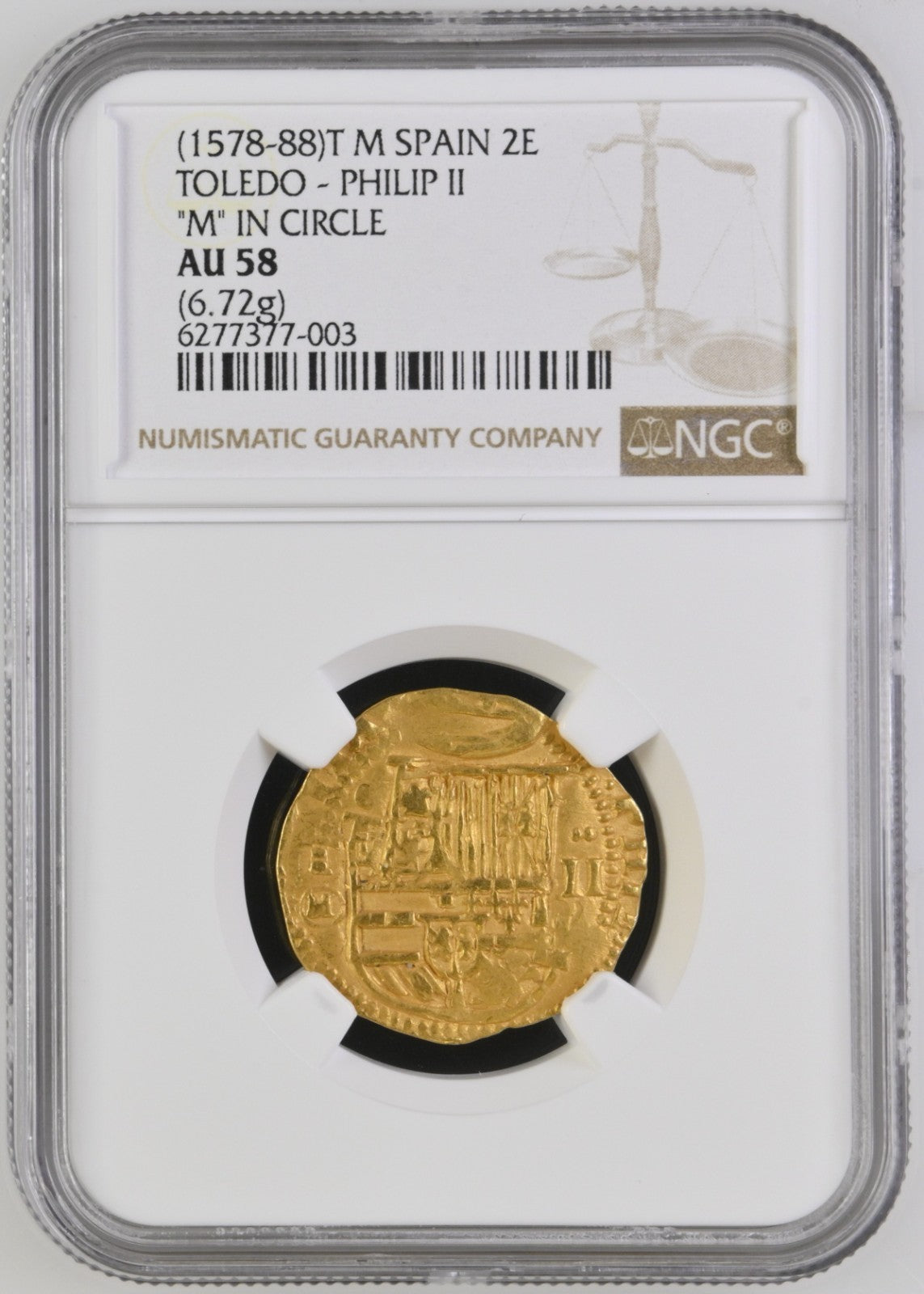SPAIN, Toledo, gold cob 2 escudos, Philip II, assayer M-in-circle below mintmark