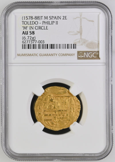 SPAIN, Toledo, gold cob 2 escudos, Philip II, assayer M-in-circle below mintmark