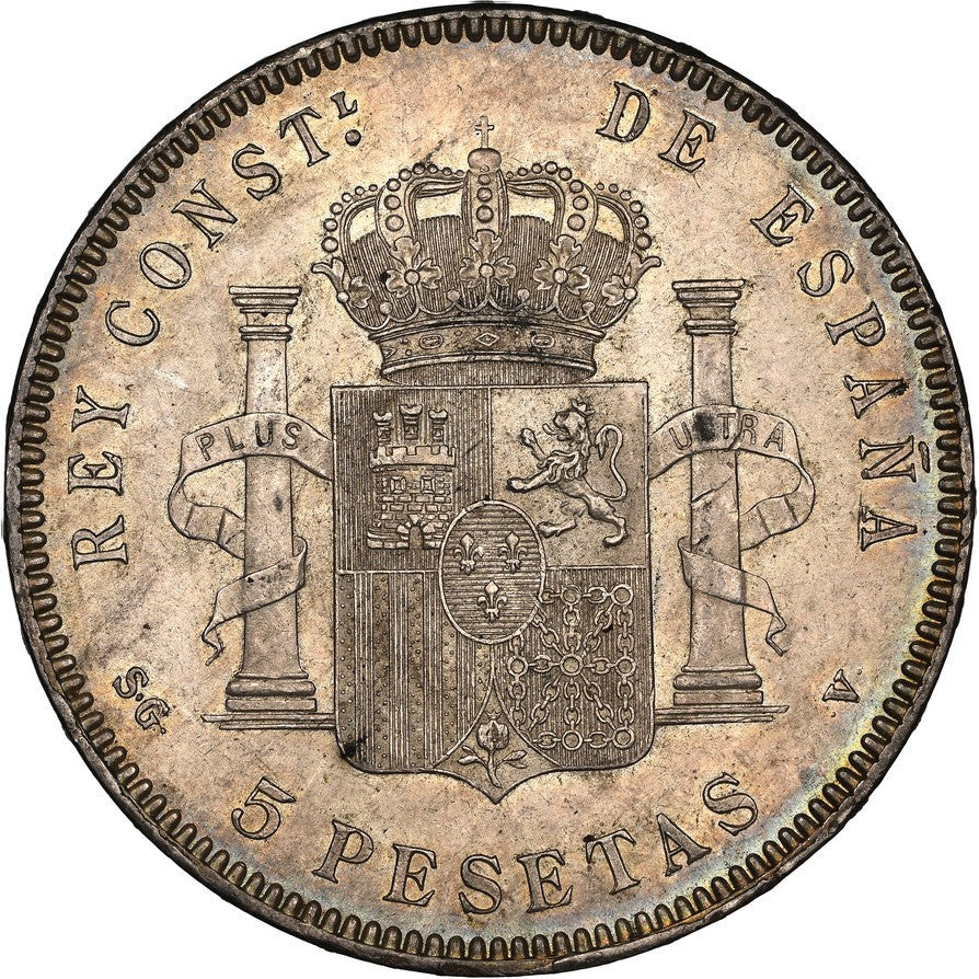 SPAIN, Madrid, 5 pesetas, Alfonso XIII, 1899 SG-V, 18-99 inside stars, NGC MS 61