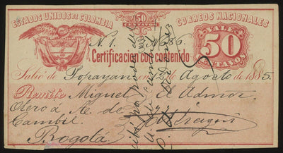 Bogota Colombia Correos Nacionales 50 Centavos 12-8-1885