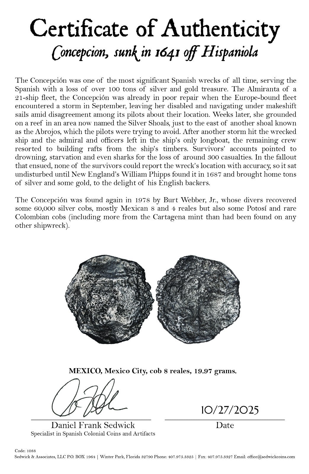 Concepcion Shipwreck (1641) MEXICO Mexico City Silver Cob 8 Reales with COA 1088