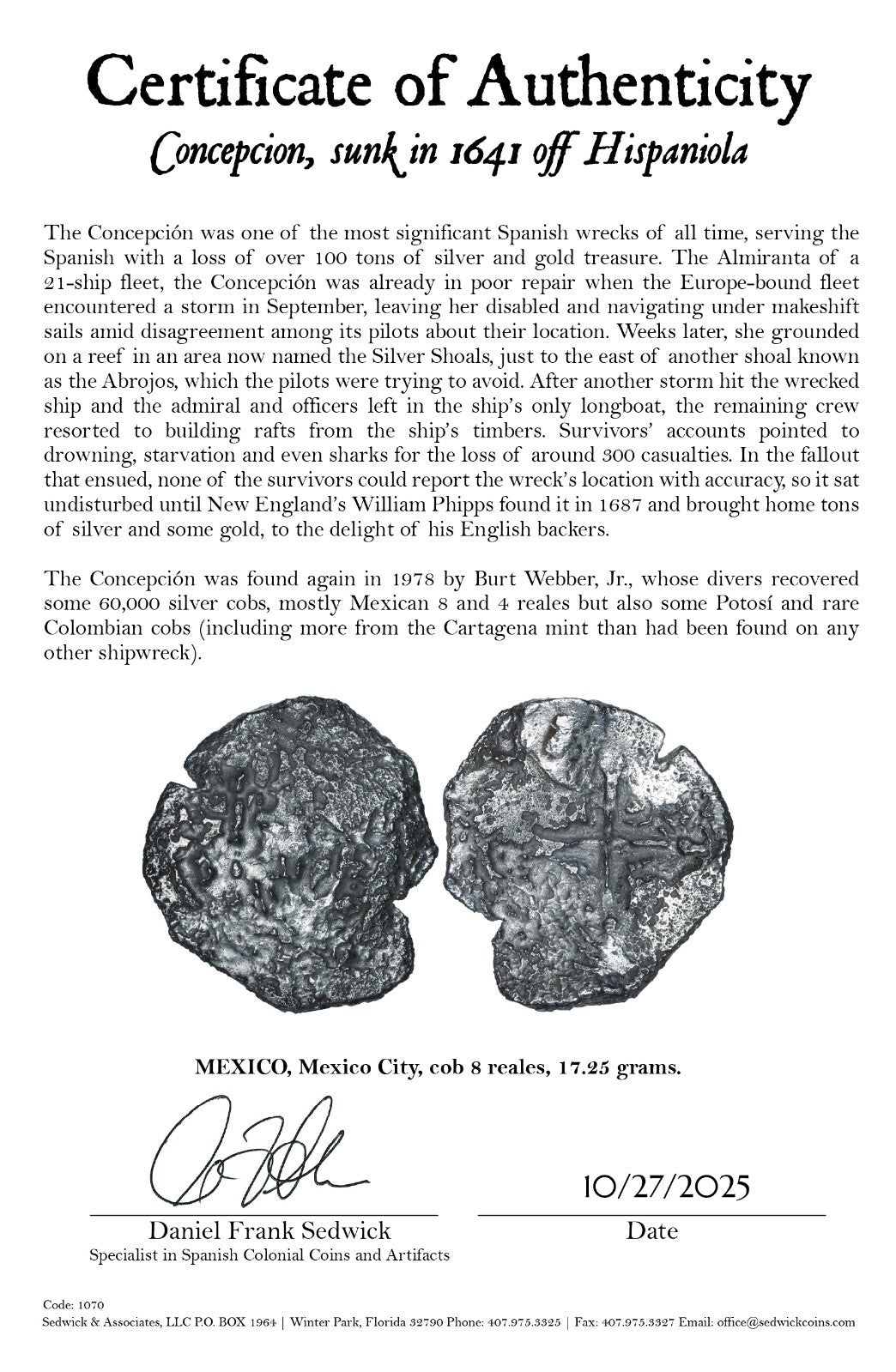 Concepcion Shipwreck (1641) MEXICO Mexico City Silver Cob 8 Reales with COA 1070