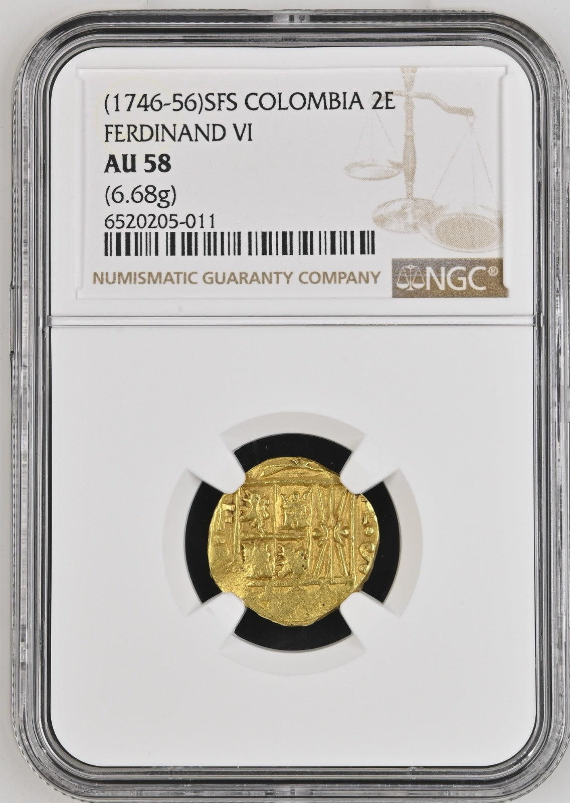 COLOMBIA, Bogotá, gold cob 2 escudos, 1748 SR, mintmark FS to left, assayer RS