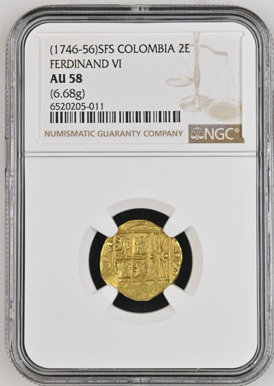COLOMBIA, Bogotá, gold cob 2 escudos, 1748 SR, mintmark FS to left, assayer RS