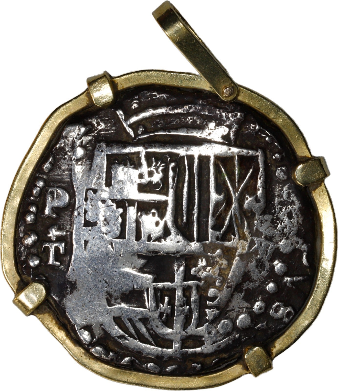 BOLIVIA, Potosí, cob 8 reales, Philip III, assayer T,  21.5K gold pendant.