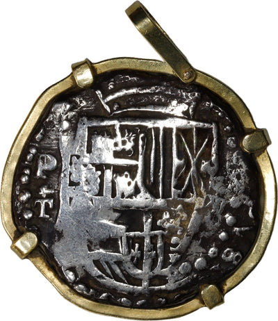 BOLIVIA, Potosí, cob 8 reales, Philip III, assayer T,  21.5K gold pendant.
